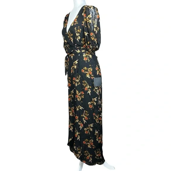 NEW Lulus Black Floral Wrap Dress S Autumnal Coquette Feminine Flirty Romantic - Picture 7 of 15